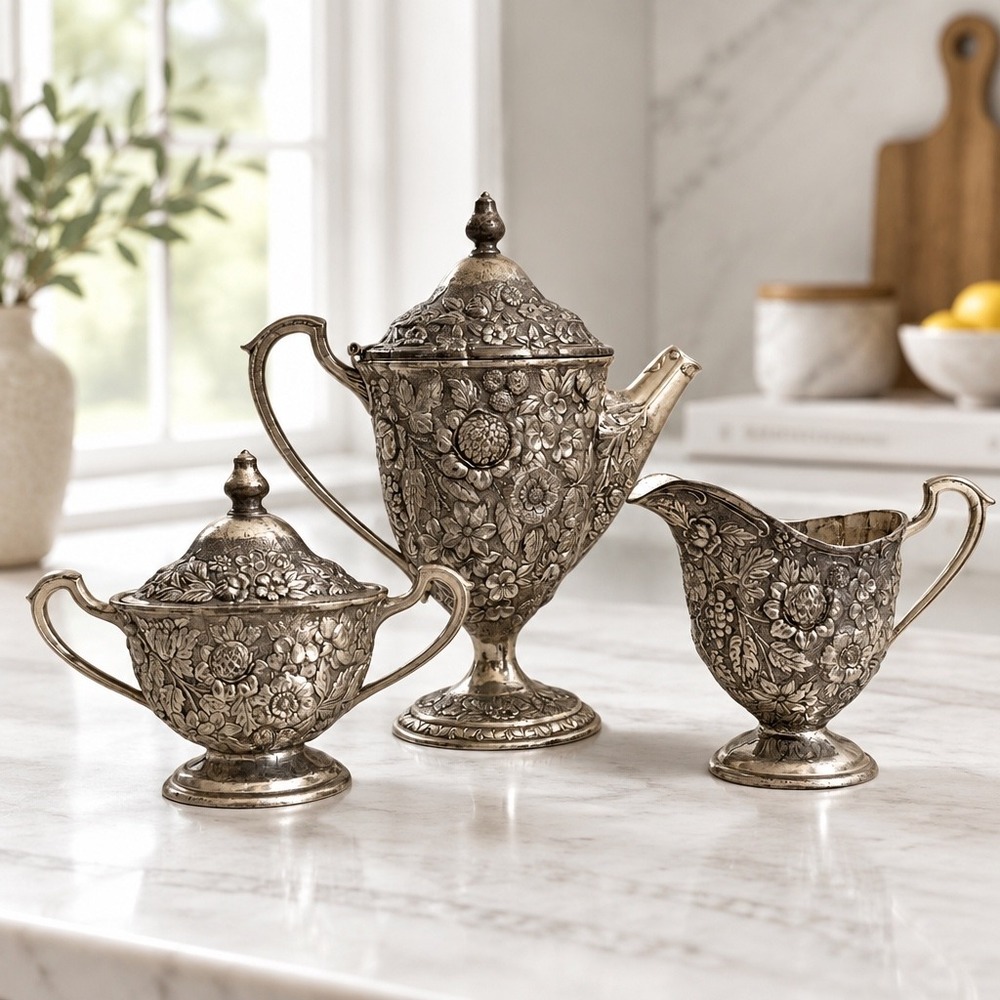 Vintage Japanese Silver Plate Tea Set TK Mark Ornate Repousse Floral 3 Piece